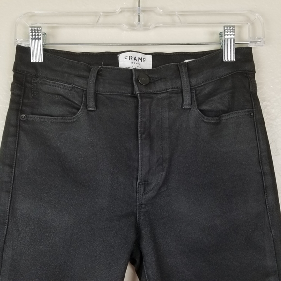 Frame Le High Skinny Coated Noir Black Jeans 27 - Picture 2 of 9